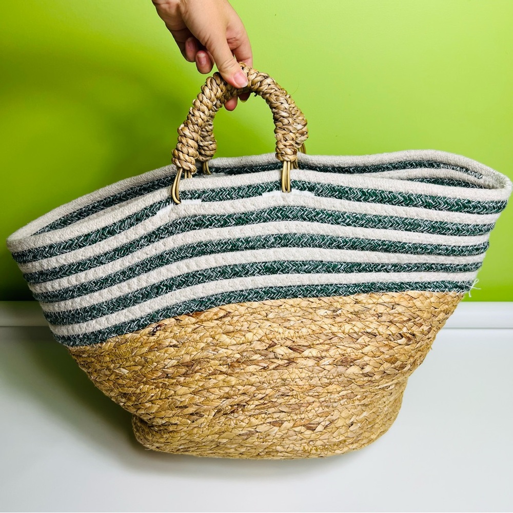 Striped large Tan Woven Tote Bag